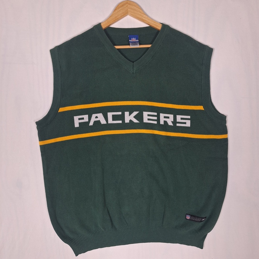 Reebok Green Bay Packers Vintage NFL Sweater Vest Graphic 100% Cotton Green XL